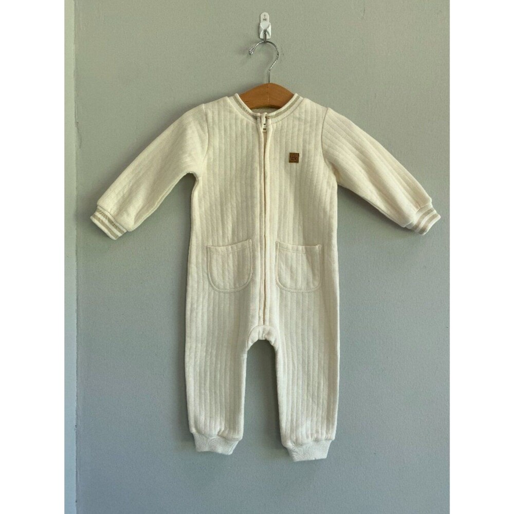Calvin Klein Baby Long Sleeve Quilted Ribbed Sleeper Full Zip Pockets Cream 12M